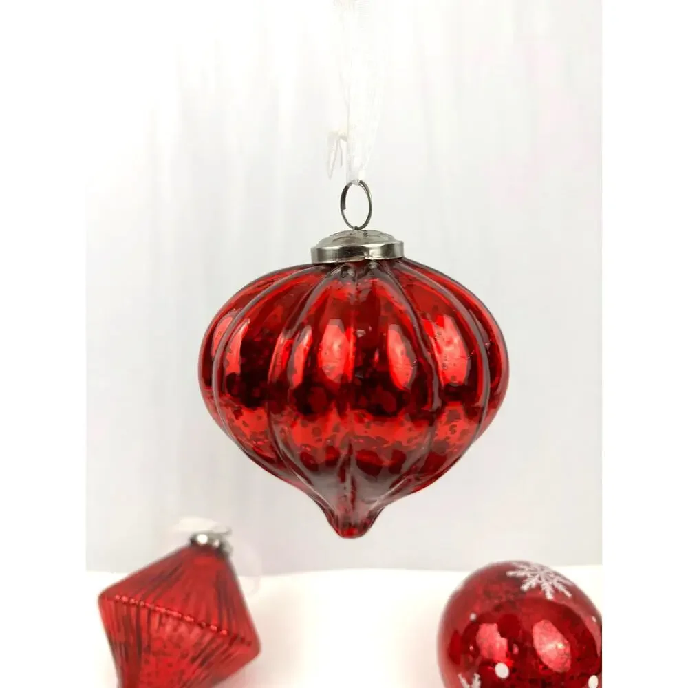 VTG Lot of 6 Glitter Glass Ornaments Round‎ Sphere Red Gold Heavy Tree Decor